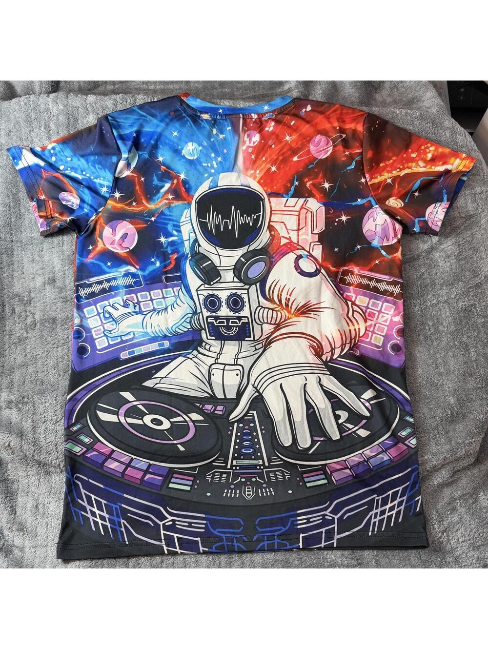 Kids XL All Over Print Astronaut DJ T-Shirt Galaxy Space Music Graphic Tee -USED